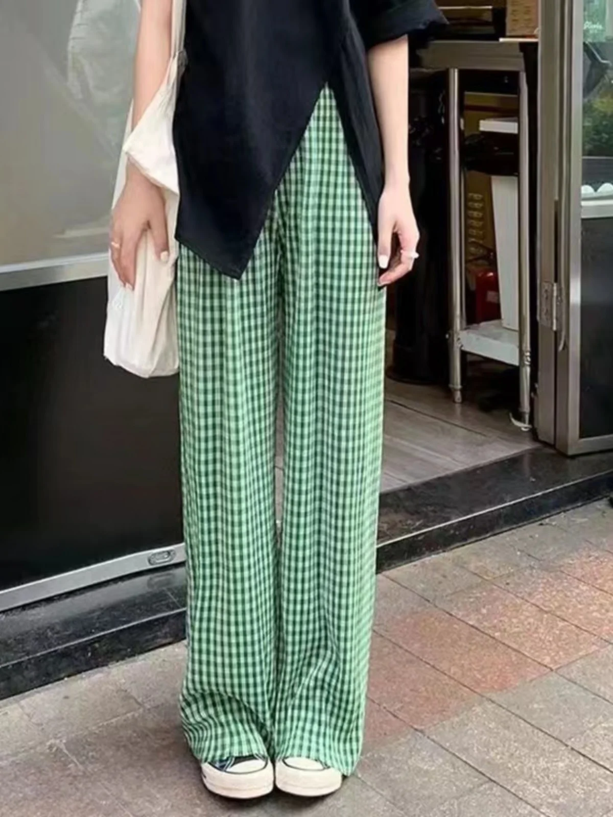 Lake een Ice Zijde Geruite Broek Dames Zomer Dunne Hoge Taille Gedrapeerde Zonwering Cool Rechte Casual Broek