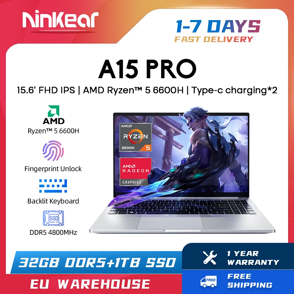 Ninkear A15 PRO Laptop AMD Ryzen™ 5 6600H up to 4.5 GHz 15.6\' FHD IPS 32GB DDR5 1TB SSD WIFI6 backlit keyboard Computer