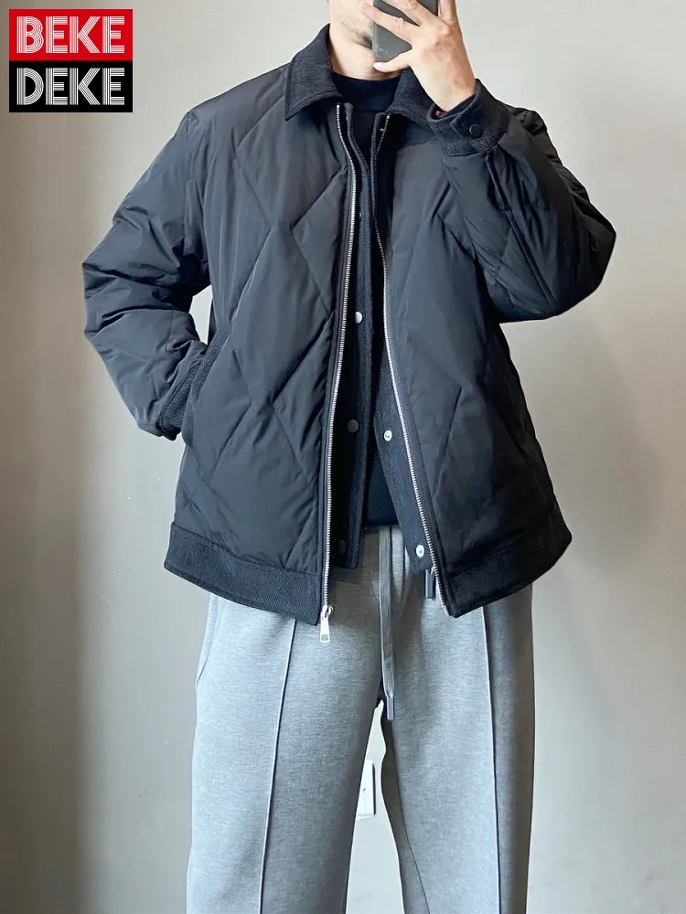Harajuku Winter Mens Down Coat Turndown Collar Casual Outetrwear Zipper Long Sleeve Warm Loose Fit Office Work Vintage Jacket
