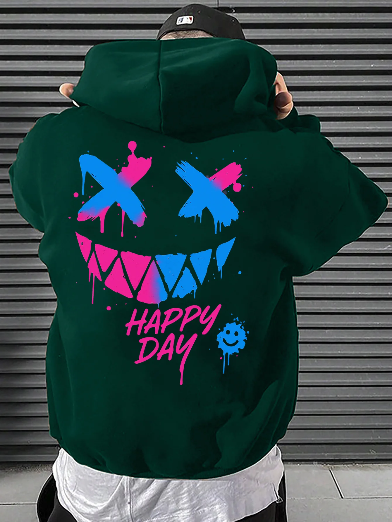 Herren Y2K Hoodie mit Spritzer-Muster, bösem Lächeln, X-Augen, Happy Day-Grafik auf der Rückseite, Graffiti-Streetwear-Fleece-Sweatshirt – Detail 2