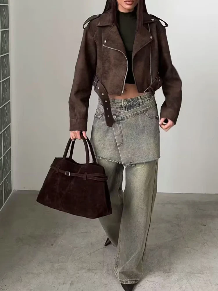 

Новая женская мода в европейском стиле, универсальный темперамент, ретро-дизайн, бархатная мотоциклетная куртка из искусственной кожи, короткое пальто