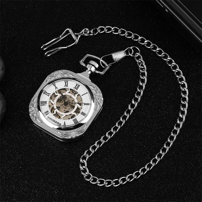 Silver Square Shape Pocket Watch Unisex Hand-winding Mechanical Watches Open Face Design Roman Number with Pendant Chain Clock