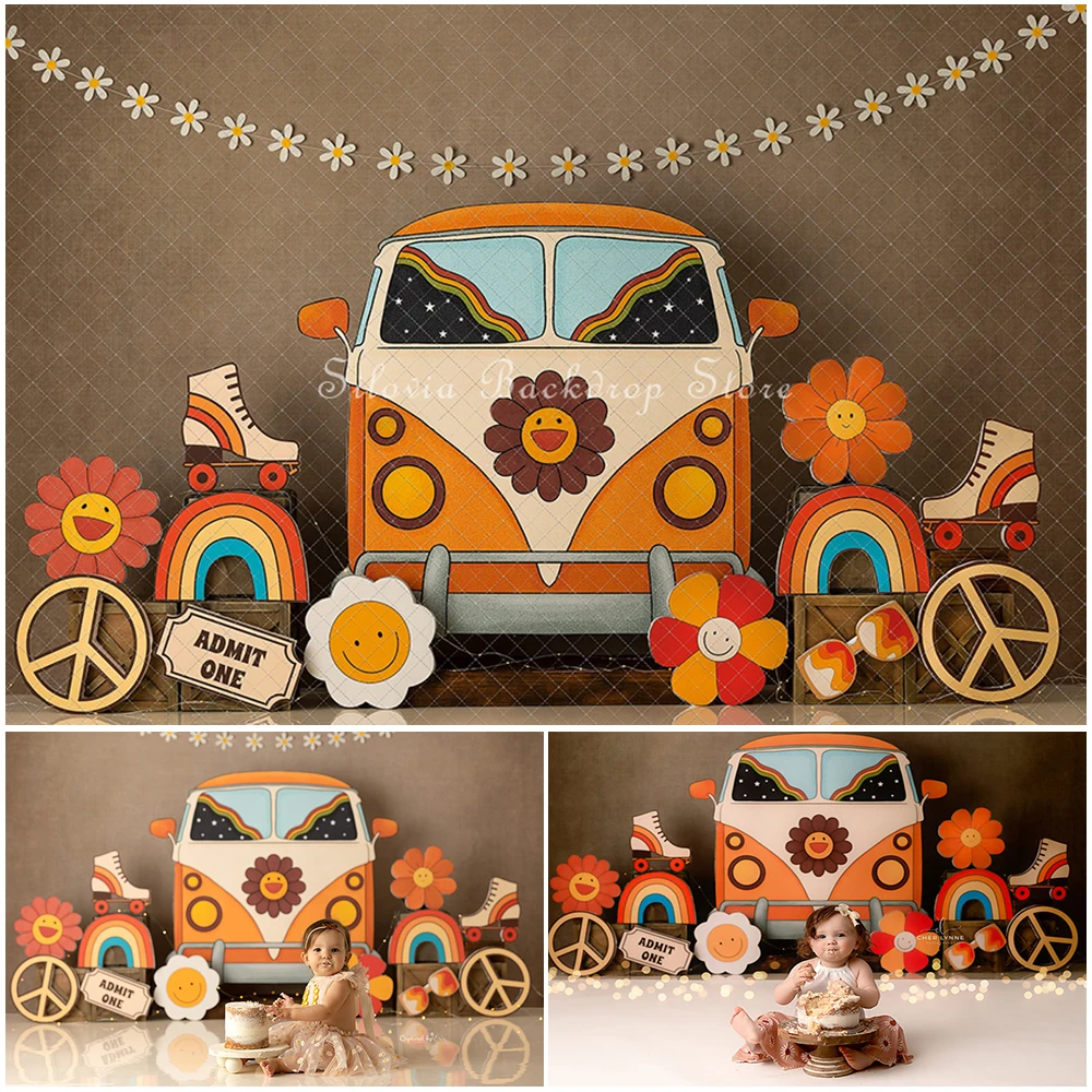 

Cute Cartoon Sunflowers Truck Photo Background for Children Birthday Cake Smash Photography Backdrop Photo Studio Props