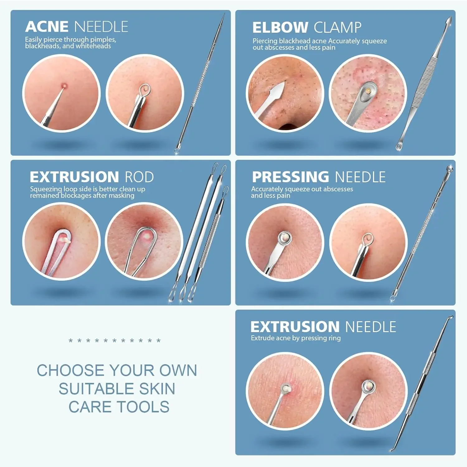 7 pçs kit removedor de cravo agulhas de aço inoxidável conjunto espinha comedone extrator ferramentas para limpeza da pele facial e nariz