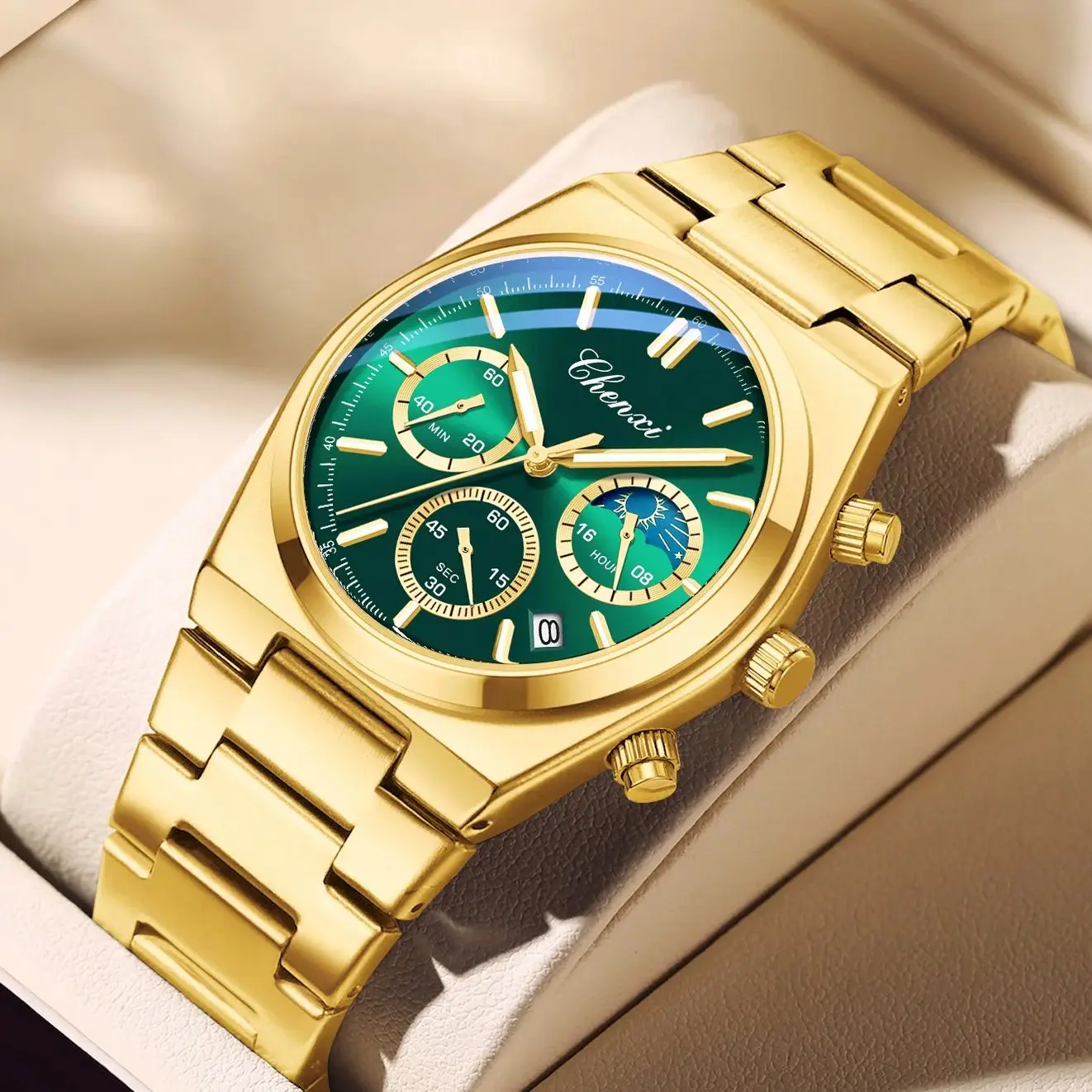 

CHENXI Бизнес Роскошные Золотые Кварцевые Мужские Часы Многофункциональный Ночник Таймер Фаза Луны Ремешок Из Нержавеющей Стали Мужские Часы