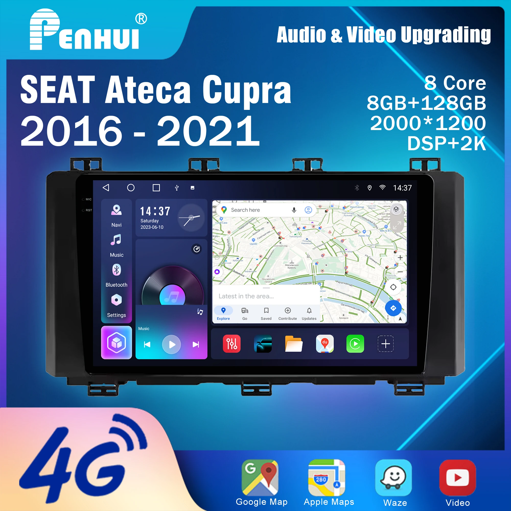 Penhui Android Car DVD Player 2 Din for SEAT Ateca Cupra 2016 - 2021 Multimedia Screen with DSP, Bluetooth, Audio & CarPlay