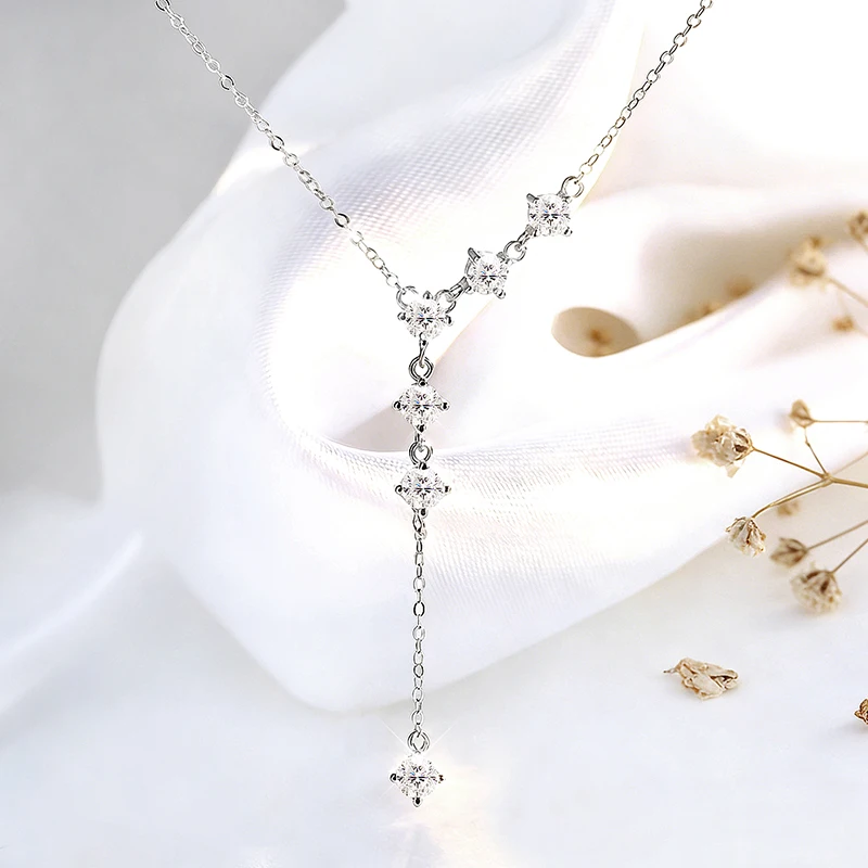 Smyoue 4mm Tassel Necklace Moissanite Pendant Round Cut Sparkling Neck Chain Girls Christmas Gift 925 Sterling Silver Plated 18K