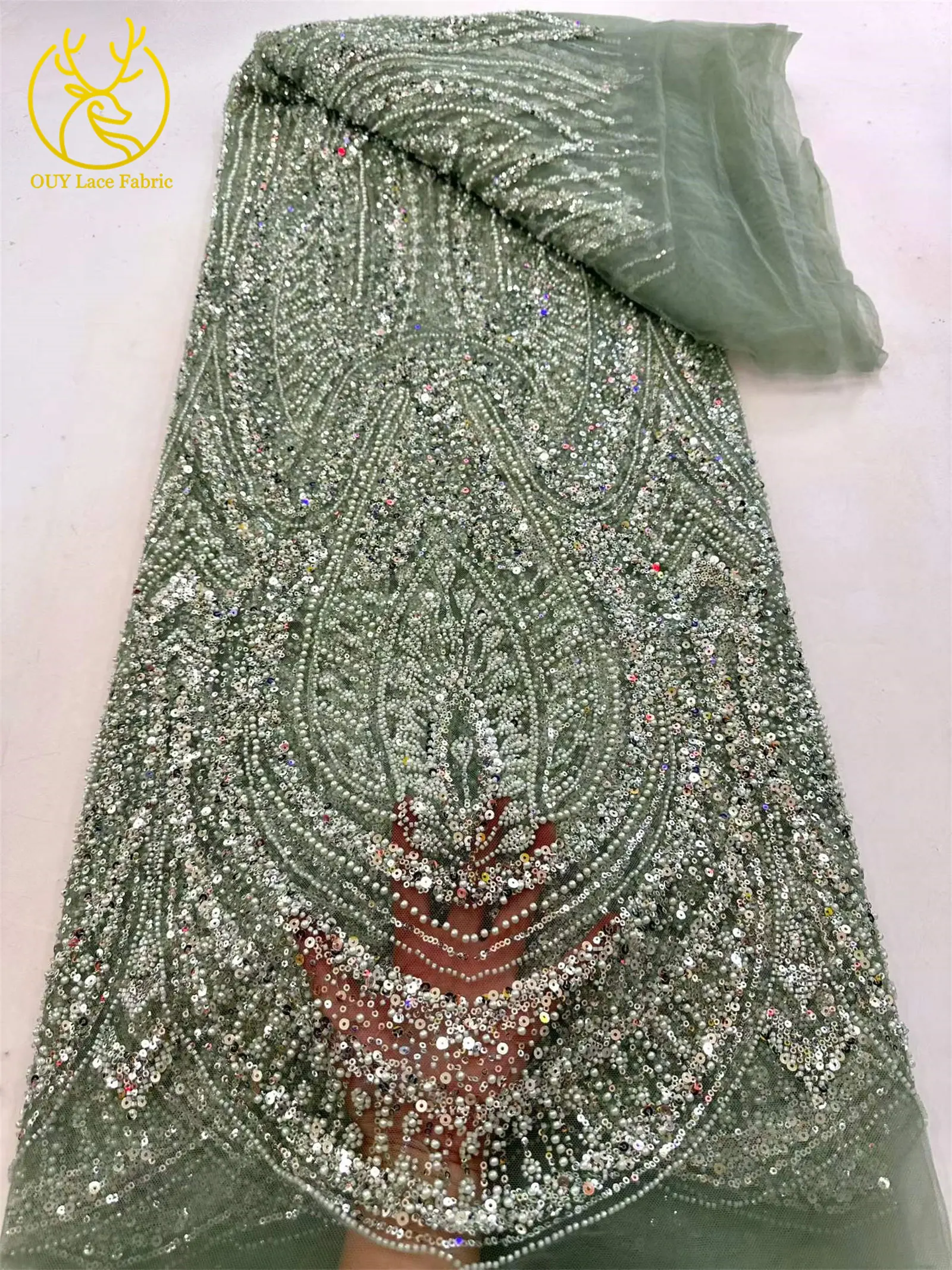 2026 Eleganter nigerianischer afrikanischer Bräutigam-Spitzenstoff mit Perlen, hochwertiger französischer Tüll-Pailletten-Spitzenstoff für Abendkleider, 5 Yards – Detail 10