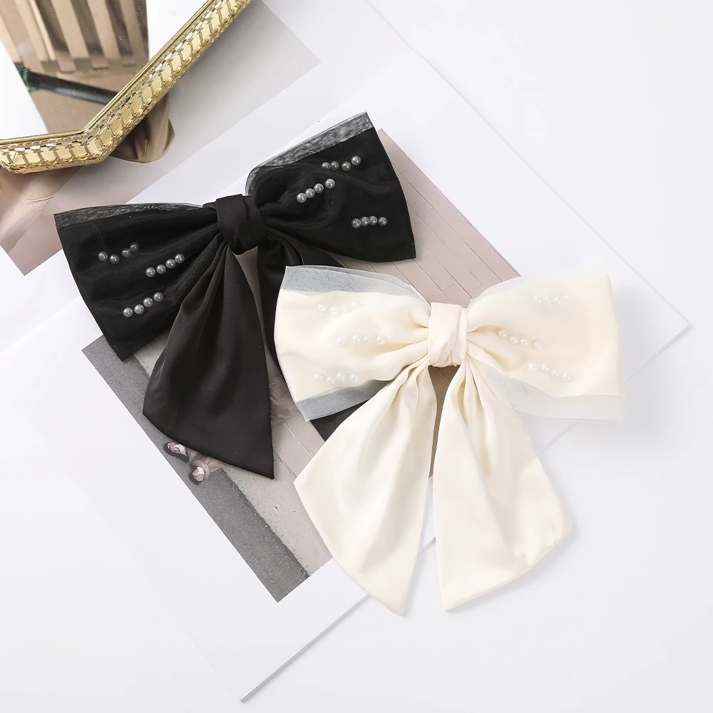 Women Bow Hair Clip Pearl Black Hairpin Girls Korean Temperament Ponytail Hair Clips Barrettes Fashion Hair Accessories Headwear