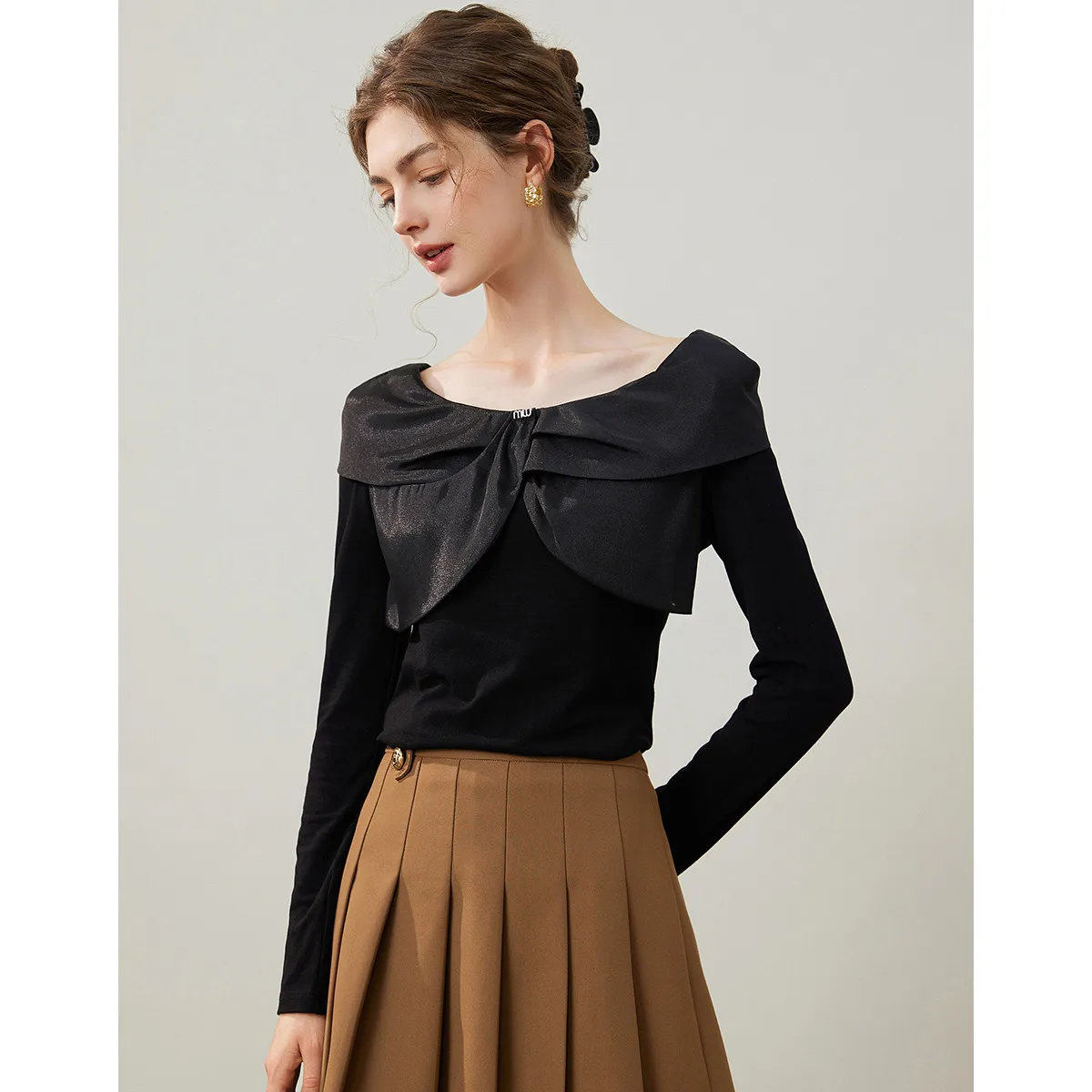 LOUIS YAO New Shawl-collar Round Neck T-shirt 2025 Spring Autumn Pullover Slightly Stretchy Slim-fit Women's  Long Sleeve Tees