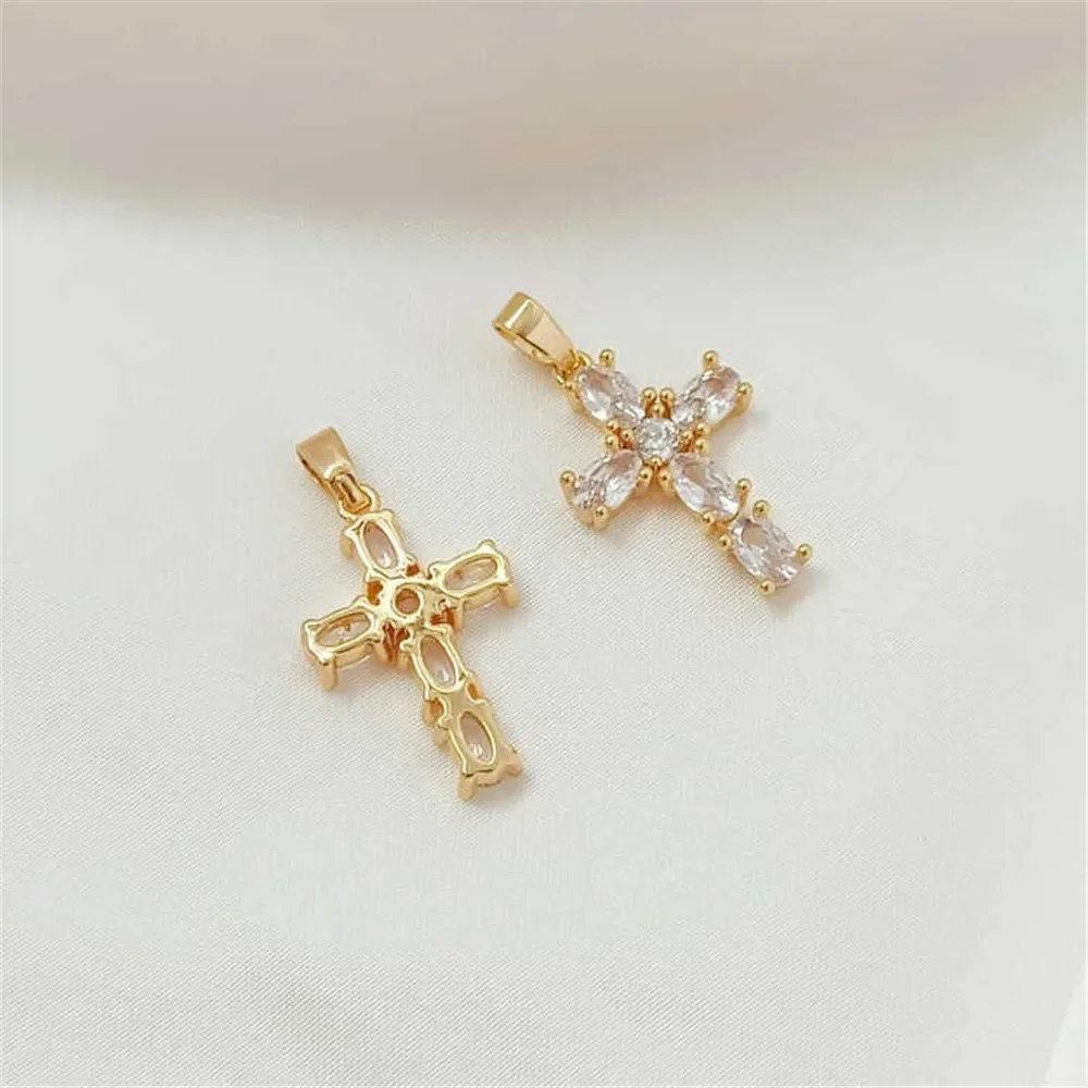 

14-каратное позолоченное кулон-крест с цирконом, ручная работа, плоская цепочка на ключицу 0, ожерелье с пряжкой, кулон