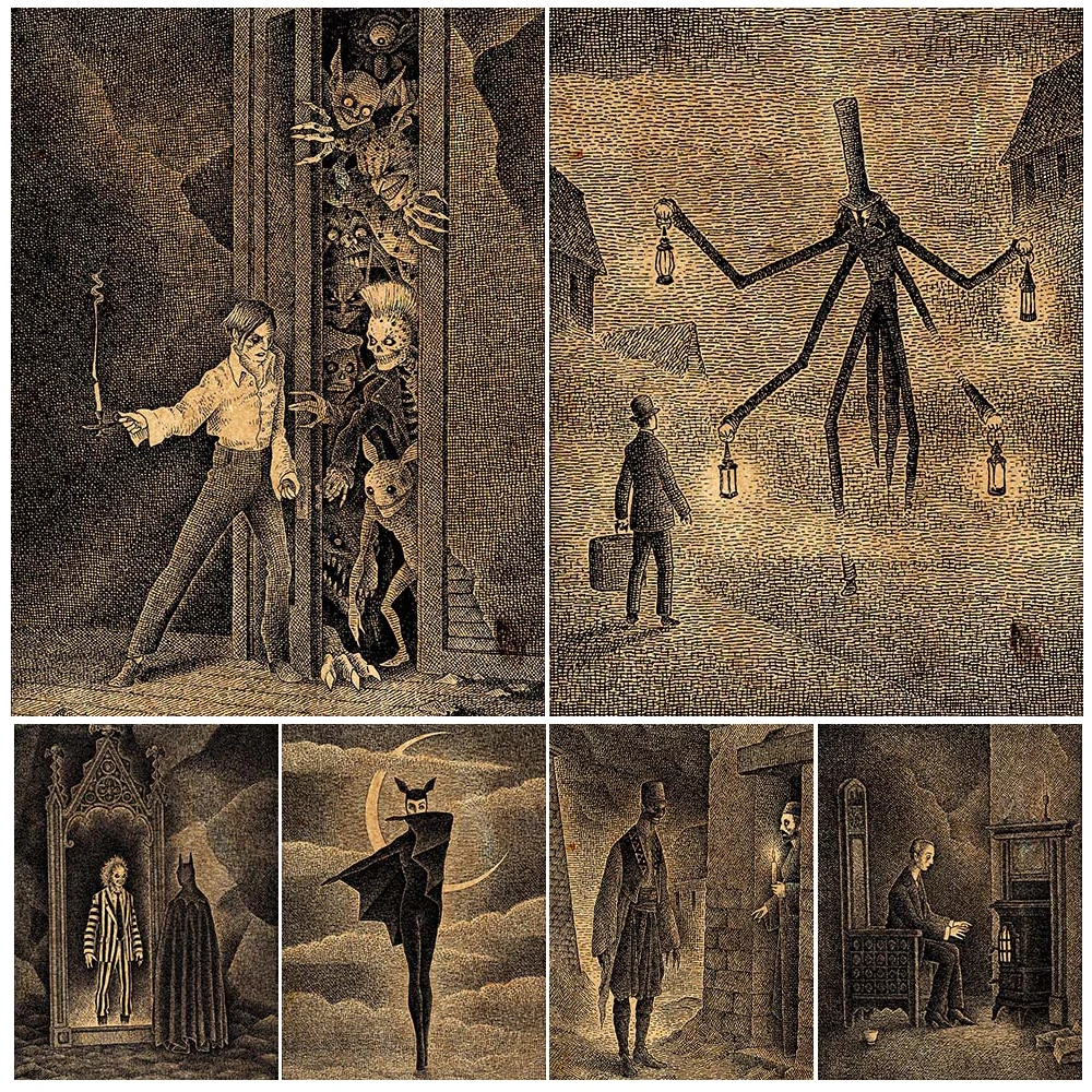 Dark Fairy Tale Pencil Drawing Wall Art Canvas Painting Cyclops,Candle Man,Sea Monster,Vampire Vintage Art Poster Print Decor