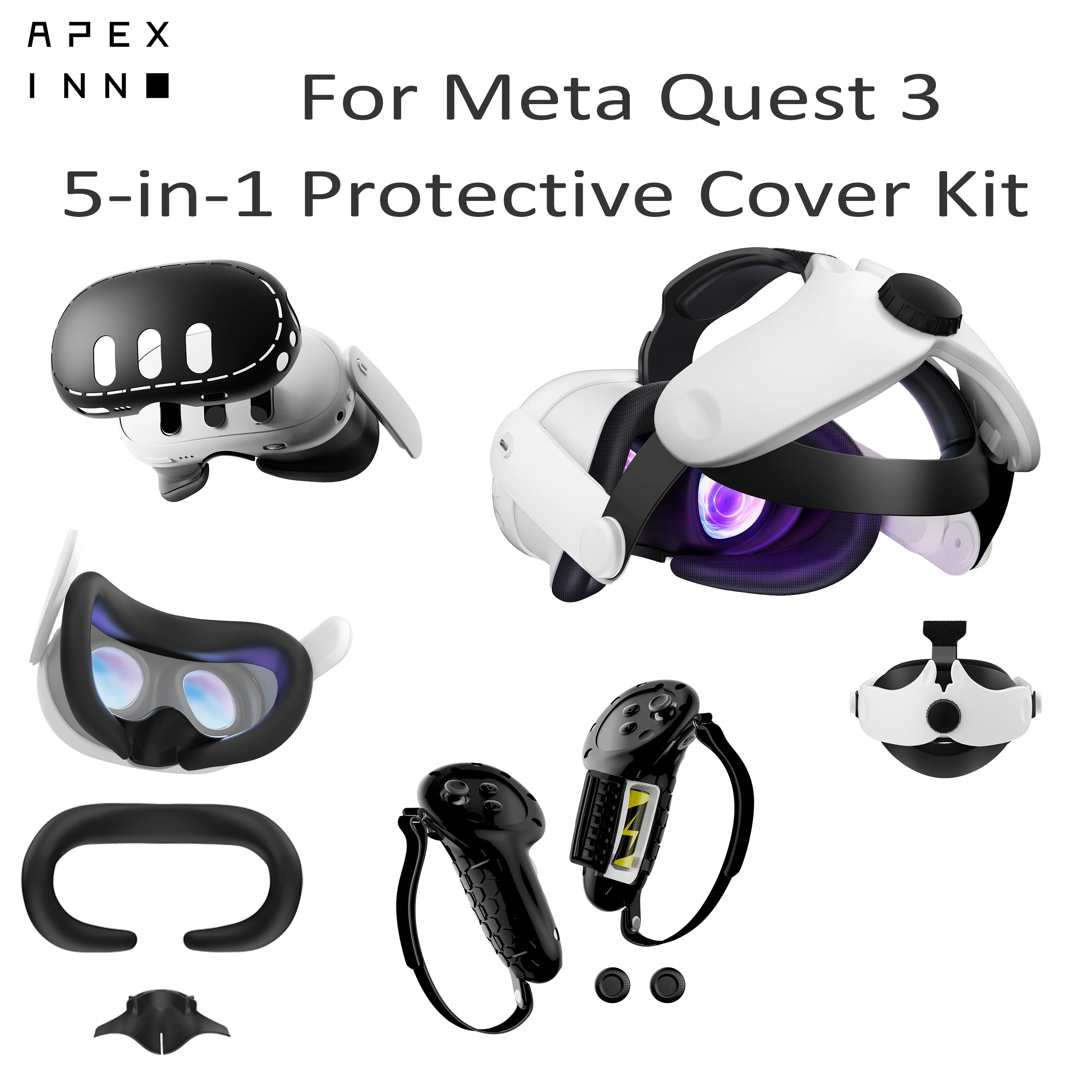 APEXINNO For Meta Quest 3 VR Accessories Set Controller Grip Cover Head Strap Silicone Protective Shell Face Mask Nose Pad