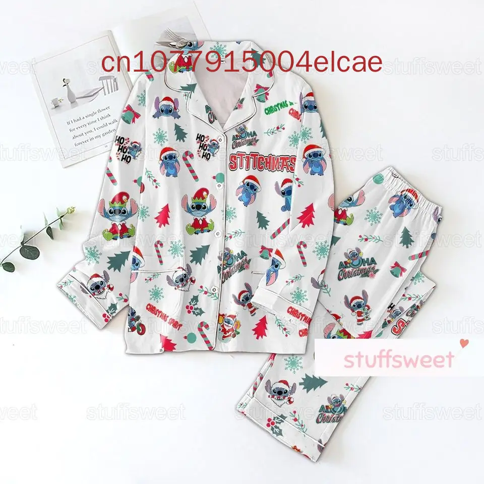 Piyama Stitch natal pria dan wanita, Set piyama kemeja lengan panjang motif 3D untuk pria dan wanita