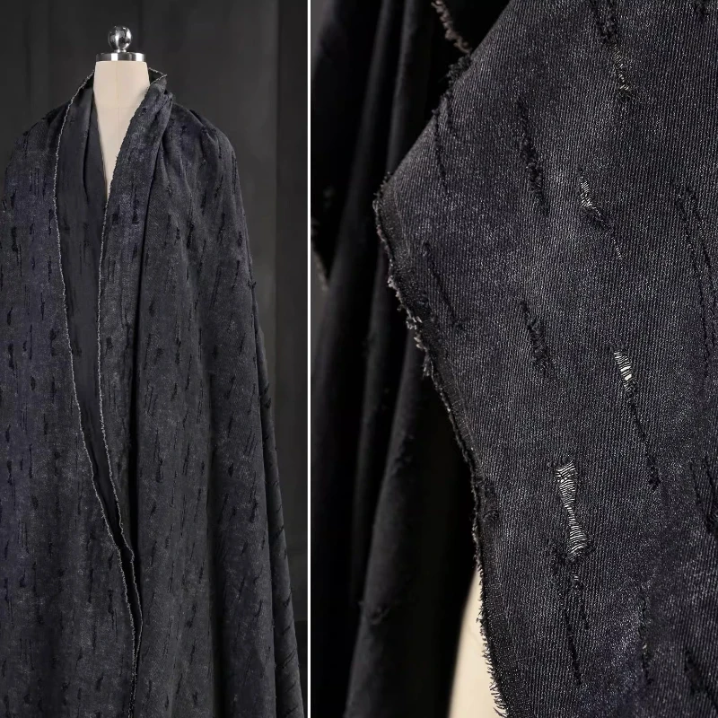

Black Gray Washed Denim Fabric with Distressed Texture Vintage Trendy Brand Outerwear DIY Denim Pants Clothing Design Fabric