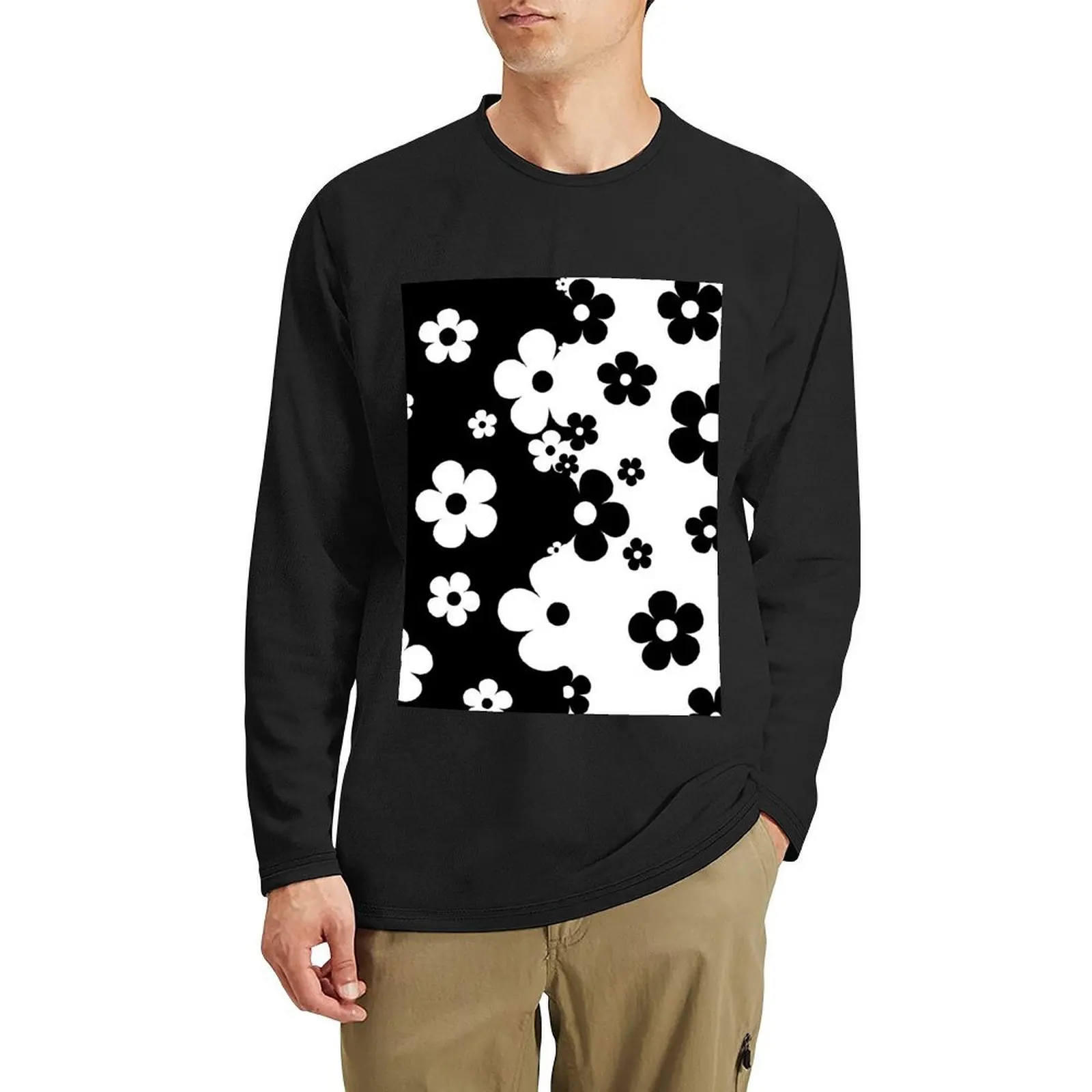 

60's Retro Pop Small Flowers in Black and White Long T-Shirt customized t shirts Aesthetic clothing mens graphic t-shirts funny