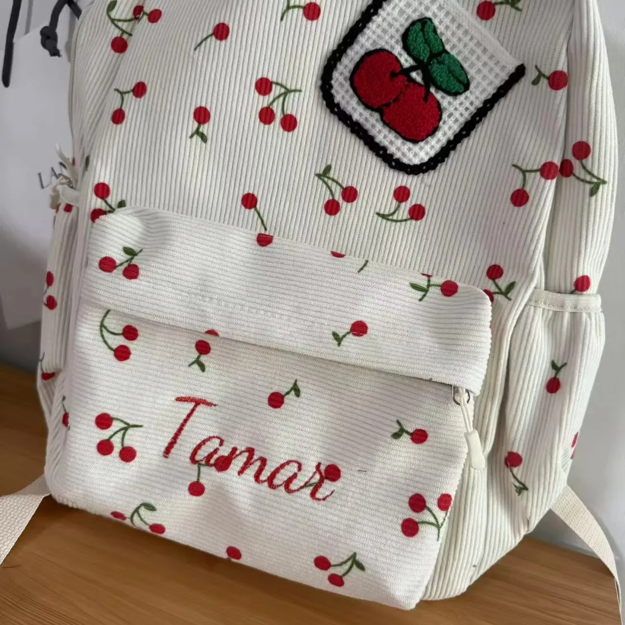 Handmade Custom Corduroy Backpack with Strawberry Design Student Laptop Bag for Youth with Multiple Pockets Embroidered Campus B