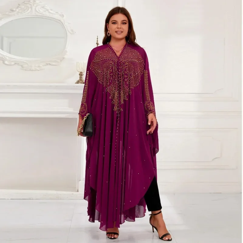 

Chiffon African Hooded Dresses for Women 2023 Traditional Nigeria Hot Drill Bead Caftan Dress Abaya Musulman Robe Femme Clothes