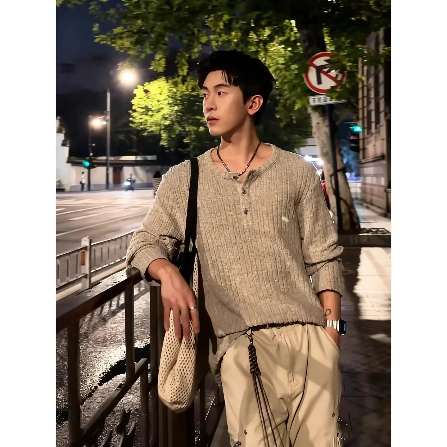 Autumn Men Vertical Striped Henry Collar Long Sleeve T Shirts Vintage Minimalist High Grade Casual