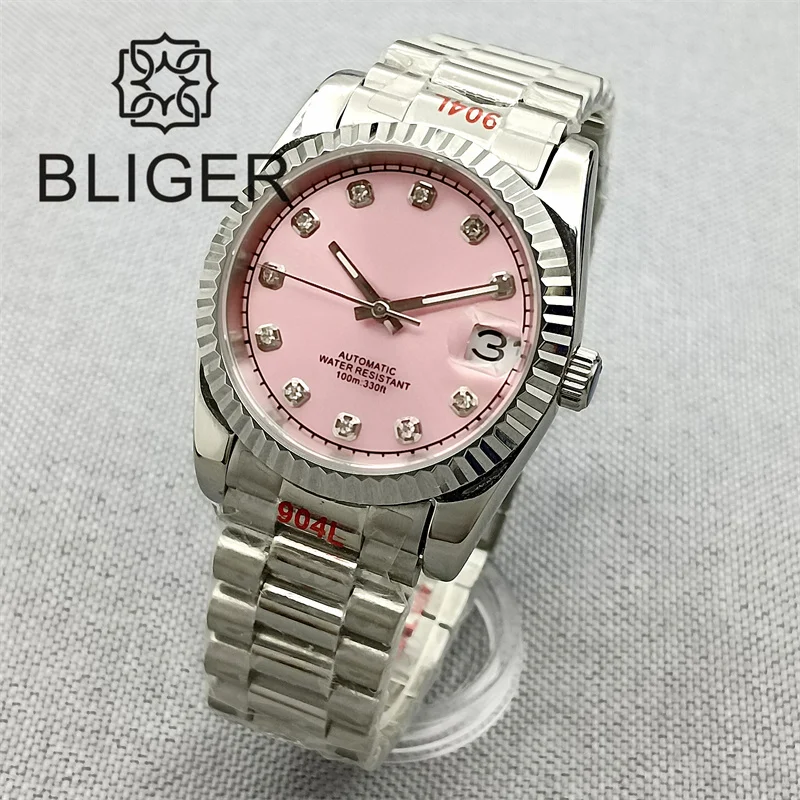 BLIGER 36mm/39mm Machenical Watch NH35 Automatic Movement Pink Dial Diamnd Time Marks Steel Strap Silver Fluted Bezel Waterproof