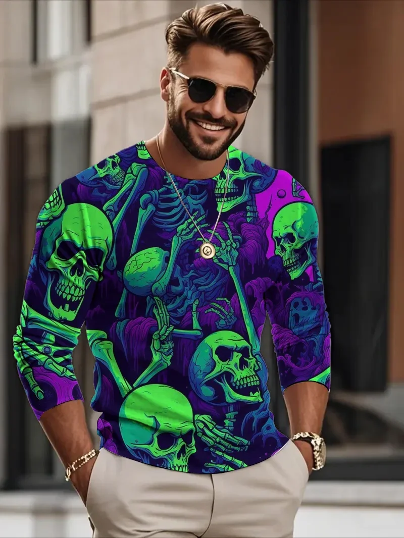 

Funny 3D Skull Print Men's T Shirt Fall Long Sleeve Pullover Hip Hop Trend Street Clothing Fashion Loose Tops High Quality Tees