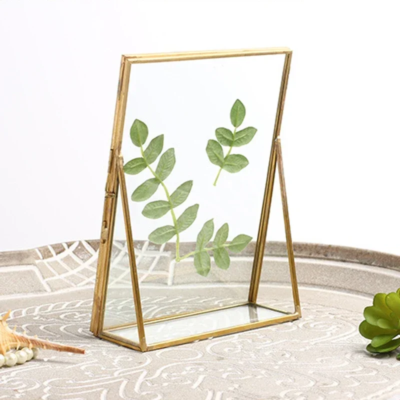Antique Gold Rectangle Glass Photo Frame Specimen Clip Holder Folding Desktop Picture Frames Home Desktop Decoration