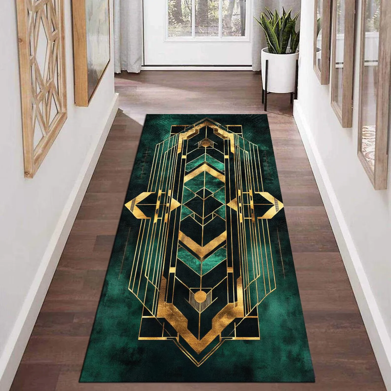 سجادة عداء على شكل دائرة ذهبية آرت ديكو سجادة عداء المدخل أنماط ذهبية هندسية سجادة خضراء جلام للمدخل سجادة أرضية طويلة أنيقة #1