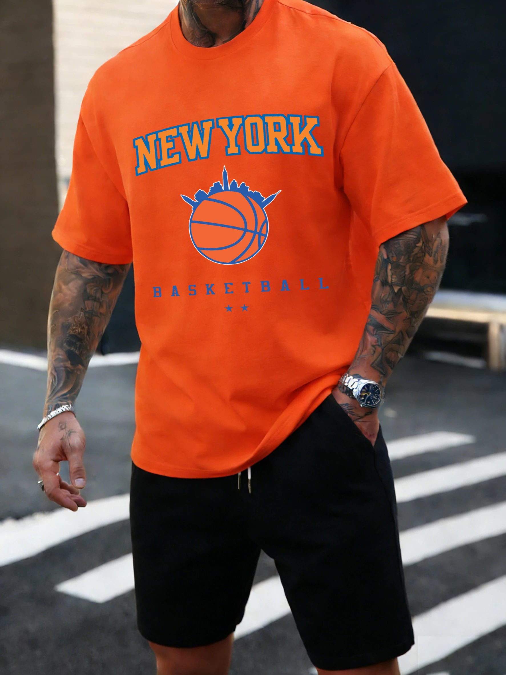 New York Basketball Printing Short Sleeve Men Cotton Fashion O-Neck T-Shirt Soft Retro Clothing Unisex Summer Loose Street Tee