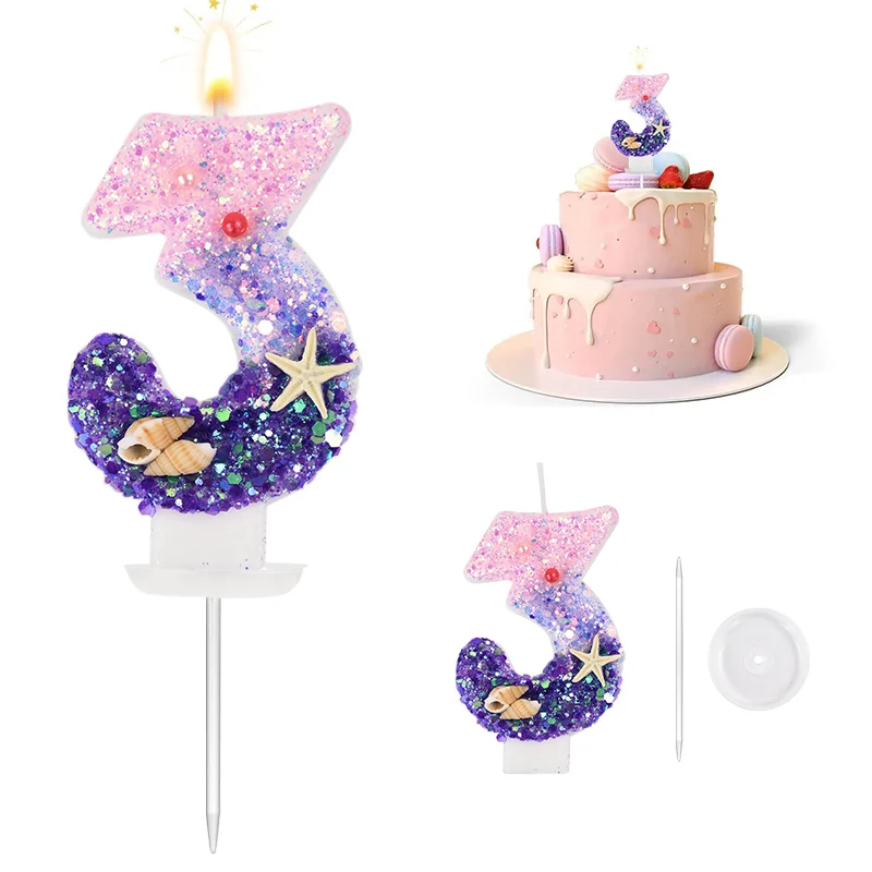 Mermaid Cake Candle Pink Purple 0-9Numbers Cake Topper Girl Little Mermaid Birthday Party Cake Decoration Supplies Under the sea