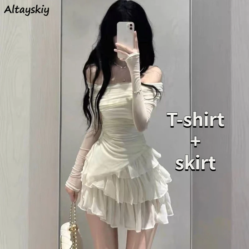 Spódnice zestawy damskie letnie szczupłe wielowarstwowe suknie balowe wysokiej talii słodkie Faldas cienkie delikatne nieregularne kremy do opalania t-shirty z długim rękawem OOTD