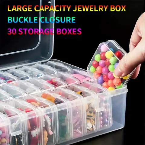 Transparent Plastic Jewelry Box with Buckle Closure Large Capacity 30 Compartments Storage Container for Small Accessories