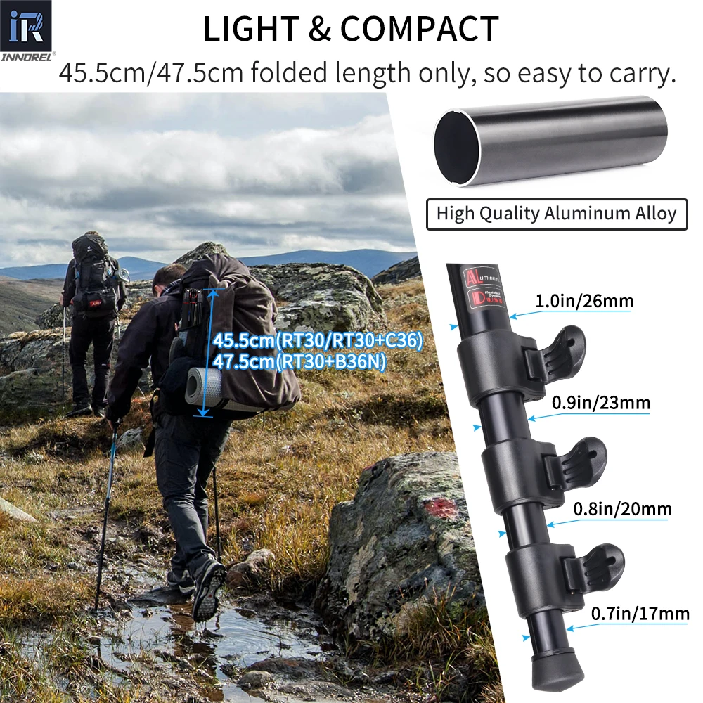 RT30 treppiede professionale monopiede in lega di alluminio Fast Flip Lock supporto per fotocamera da viaggio alto per videocamera DSLR testa a sfera da 36mm