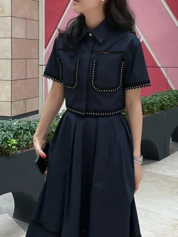 

2024 New Elegant Two Piece Sets for Women Lapel Short Sleeve Tops High Waist A Line Pleated Skirts Solid Set Female Summer