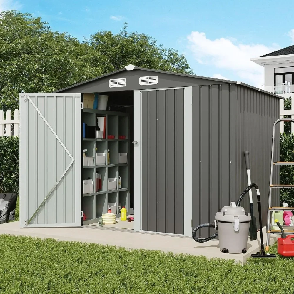 

Outdoor Storage Shed 8x6 FT, Galvanized Steel Metal Garden Shed, Double Door W/Lock, Outdoor Storage Tool House