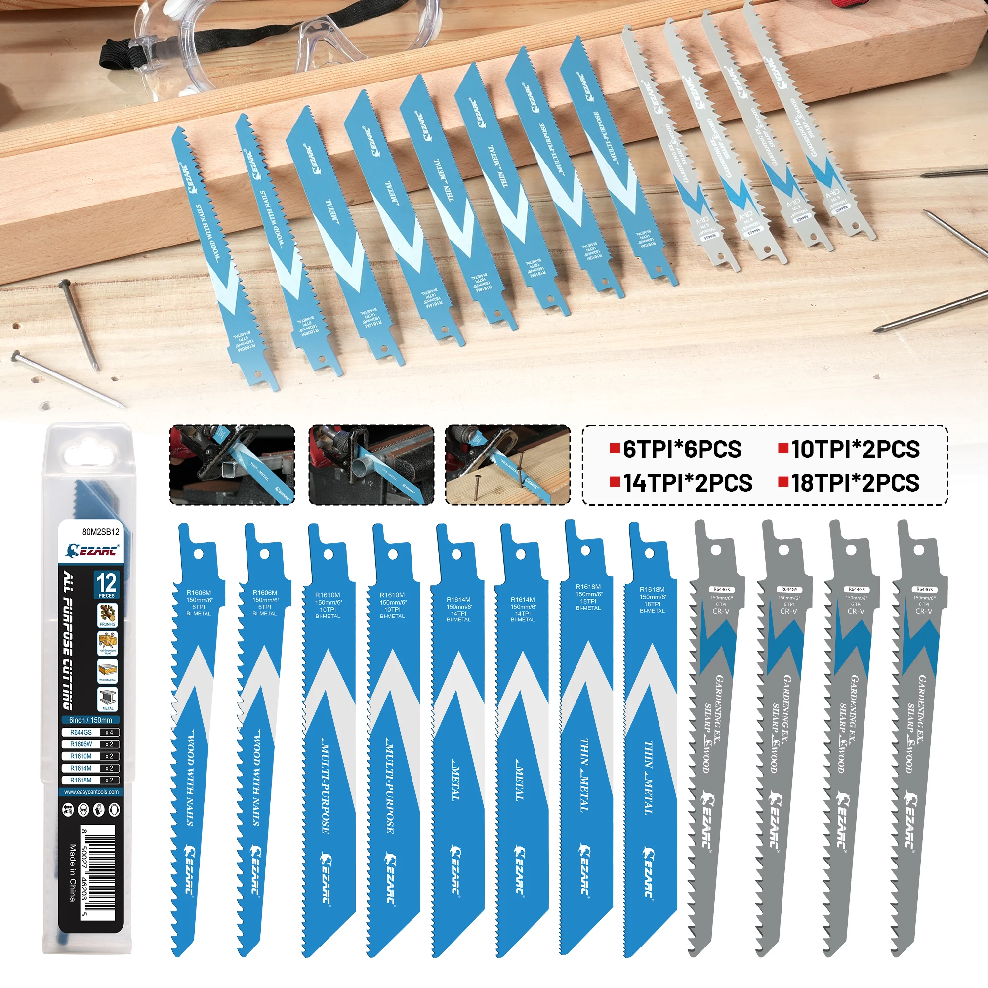 EZARC 12PC Reciprocating Saw Blades Set for Metal, Wood, Plastic Pipes, 6-Inch(150mm) 6/10/14/18TPI Multi-Purpose Cutting Tools