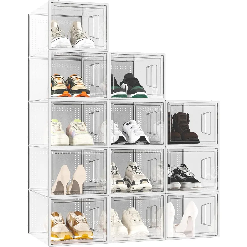 X-Large Shoe Storage Boxes 12 Pack Stackable, Shoe Organizer for Closet, Clear Plastic Substitute Shoe Rack Foldable Durable