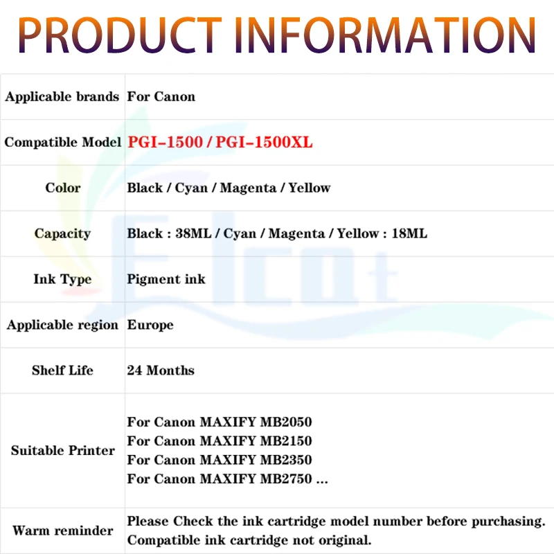 PGI-1500XL PGI-1500 PGI1500 PGI1500XL Wkład atramentowy kompatybilny z Canon MAXIFY MB2050 MB2150 MB2350 MB2750 Wkład do drukarki — zdjęcie produktu 6