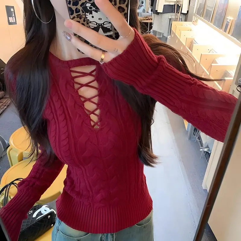 

Y2K Fashion Hollow Out Sweater Women Autumn Winter Long Sleeve Solid Color Sexy Knitted Tops Pullovers Jumpers