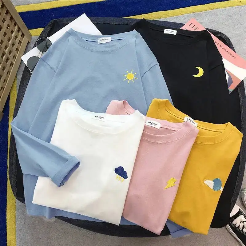 Mulheres dos desenhos animados bordados camisetas harajuku simples t camisa outono manga longa casual solto camiseta estudante engraçado tshirt topos