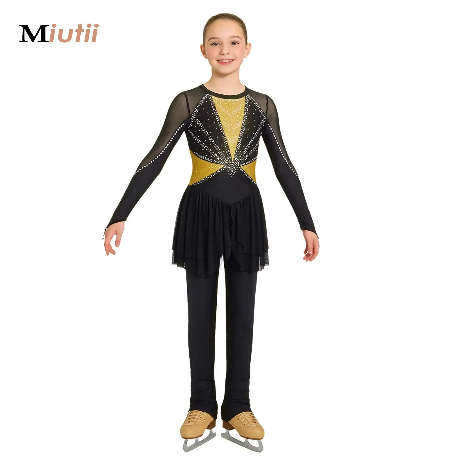 

Kids Girls Long Sleeve Ballet Dance Leotard Dress Sparkling Gymnastics Jumpsuit Full Body Suit Figure Skating Stage Dancewear