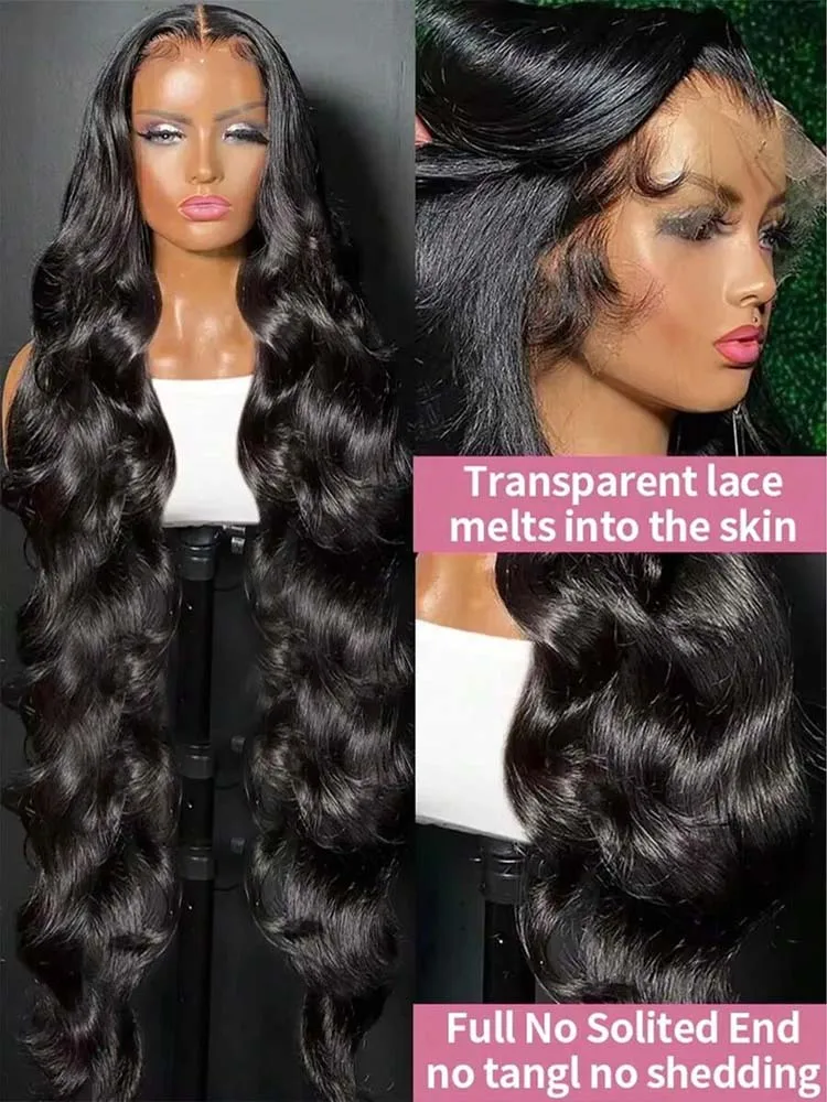 42 بوصة الجسم موجة الدانتيل الجبهة الباروكات الشعر البشري للنساء 13*6 HD الدانتيل الشفاف شعر مستعار أمامي اللون الأسود الطبيعي 250% الكثافة