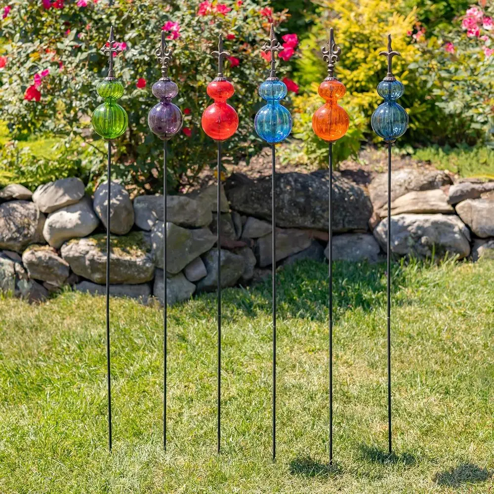 Set of 6 Decorative Glass Garden Stakes with Cast Iron Finials