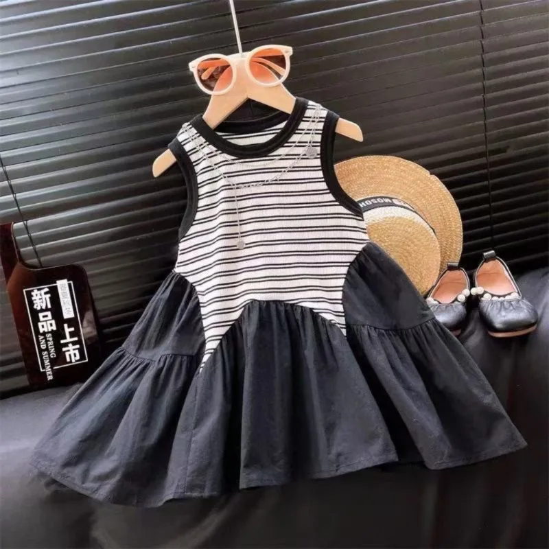 

New Summer Sleeveless Dress for Girls, Stylish Striped Patchwork with Large Hem, Baby Girl's Tank Dress