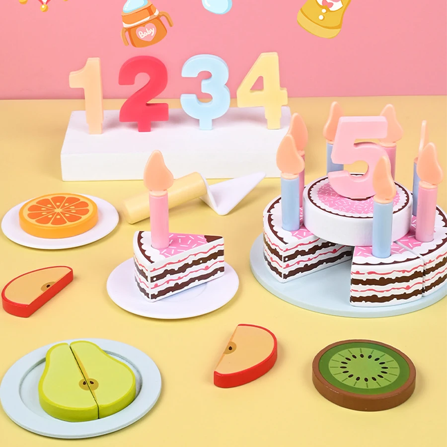 Jouets de cuisine en bois pour enfants, Simulation de gâteau d'anniversaire, jeu de Simulation de coupe de nourriture, jeu de rôle pour enfants, cadeaux pour garçons et filles