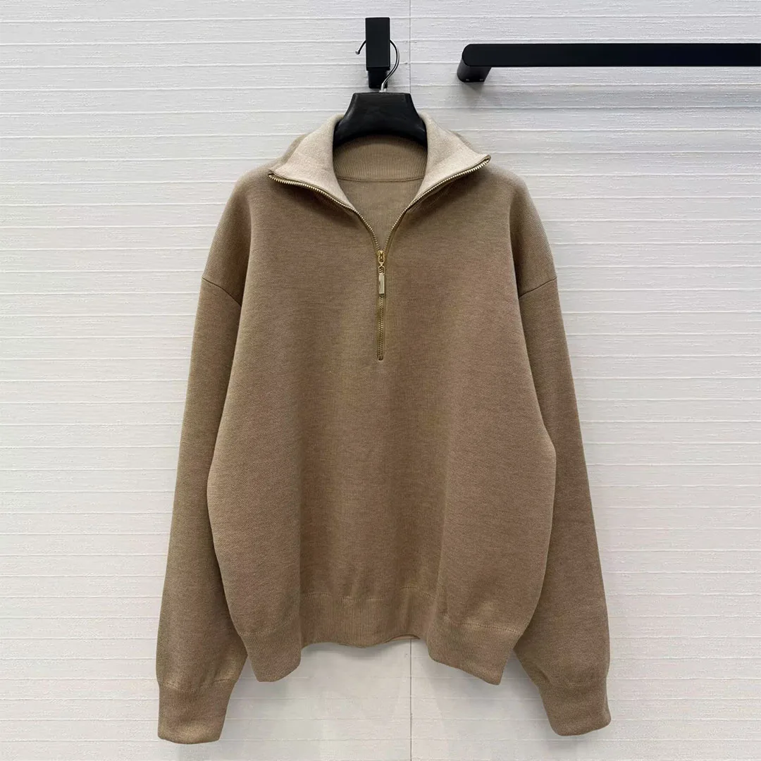 2026 New Autumn Zipper Lapel Knitted Pullover Sweatshirt Women Fashion Long Sleeve Loose Casual Designer Wool Blends Sweater