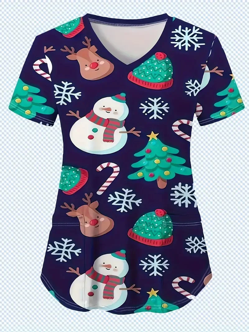 Christmas Scrub Medical Woman Snowman Cartoon Print Vet Nursing Tops V-Neck Short Sleeve Patch Pocket Medical Scrubs for Women