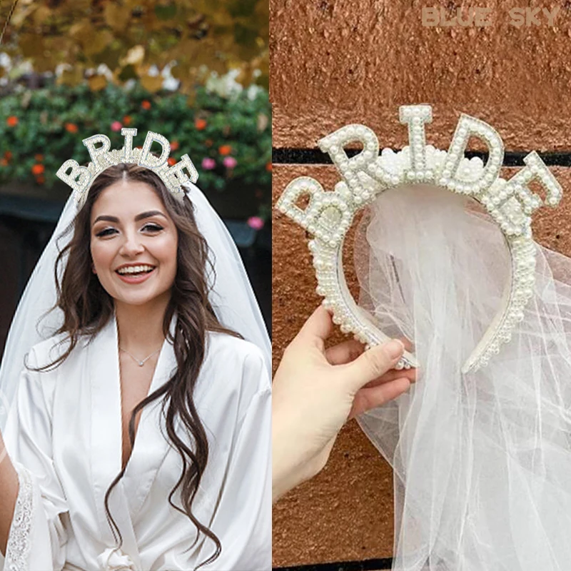 Bride To Be Pearl Crown Headband with Veil Luxury Bridal Hair Accessories Wedding Engagement Dinner Decoration Gift Mrs WIFEY