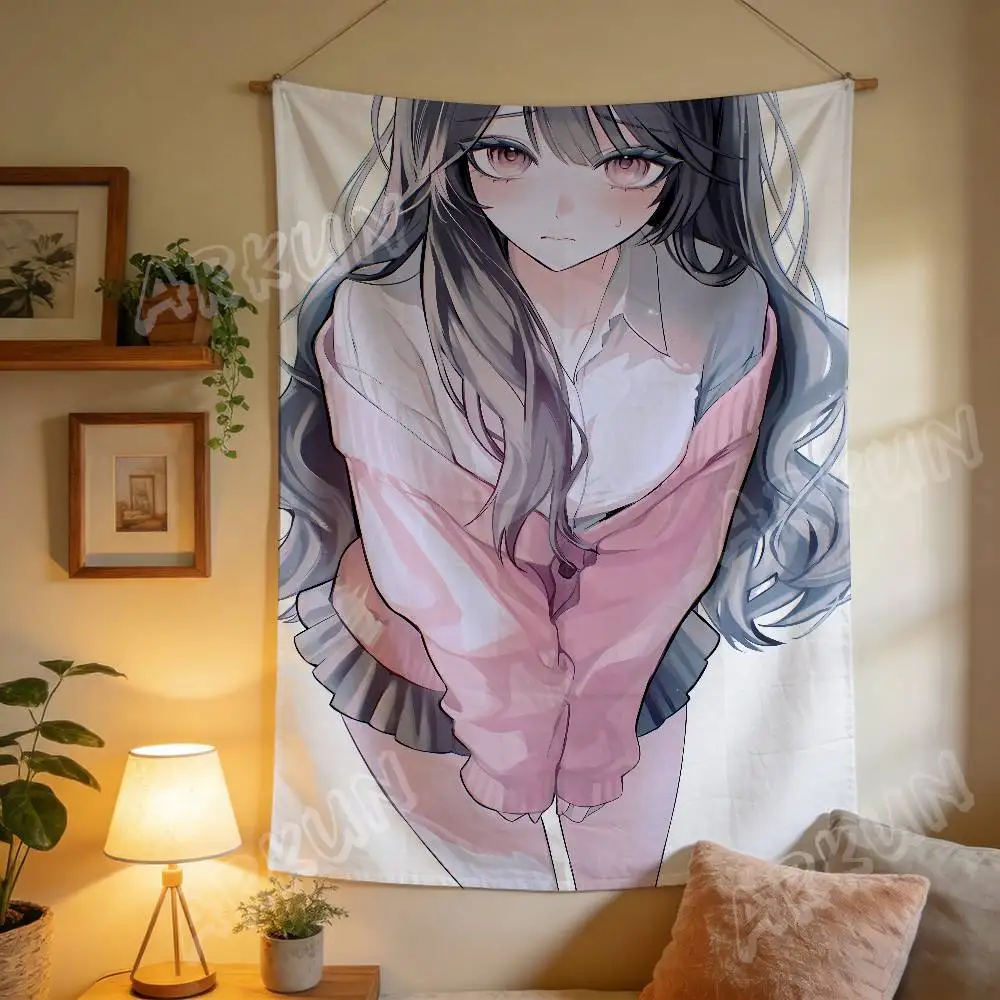 Aesthetic Anime Girl Wall Tapestry, Soft Muted Tone Long‑Hair Girl In Pink Coat Illustration Minimal White Background Decor