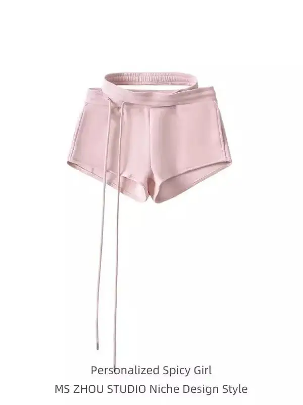 

American Retro Spicy Girl Drawstring Wide Leg Hot Pants Women Slimming Strap Sports Shorts High Waist Straight Tube Pants