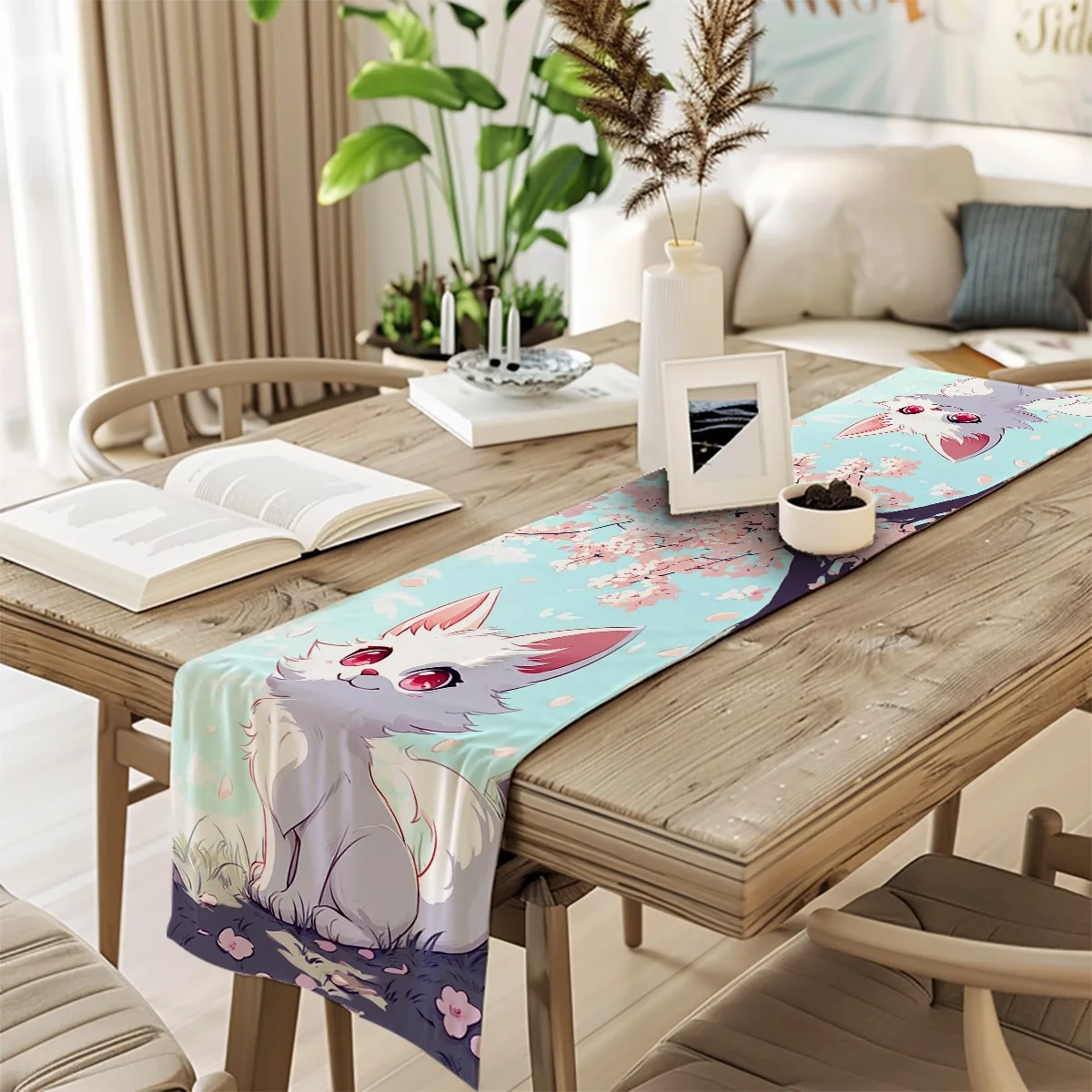 decorations table runner Sakura Blossom & White Fox Whimsical Style Charming Pattern Print Table Flag Kitchen Dining Gift,Holida